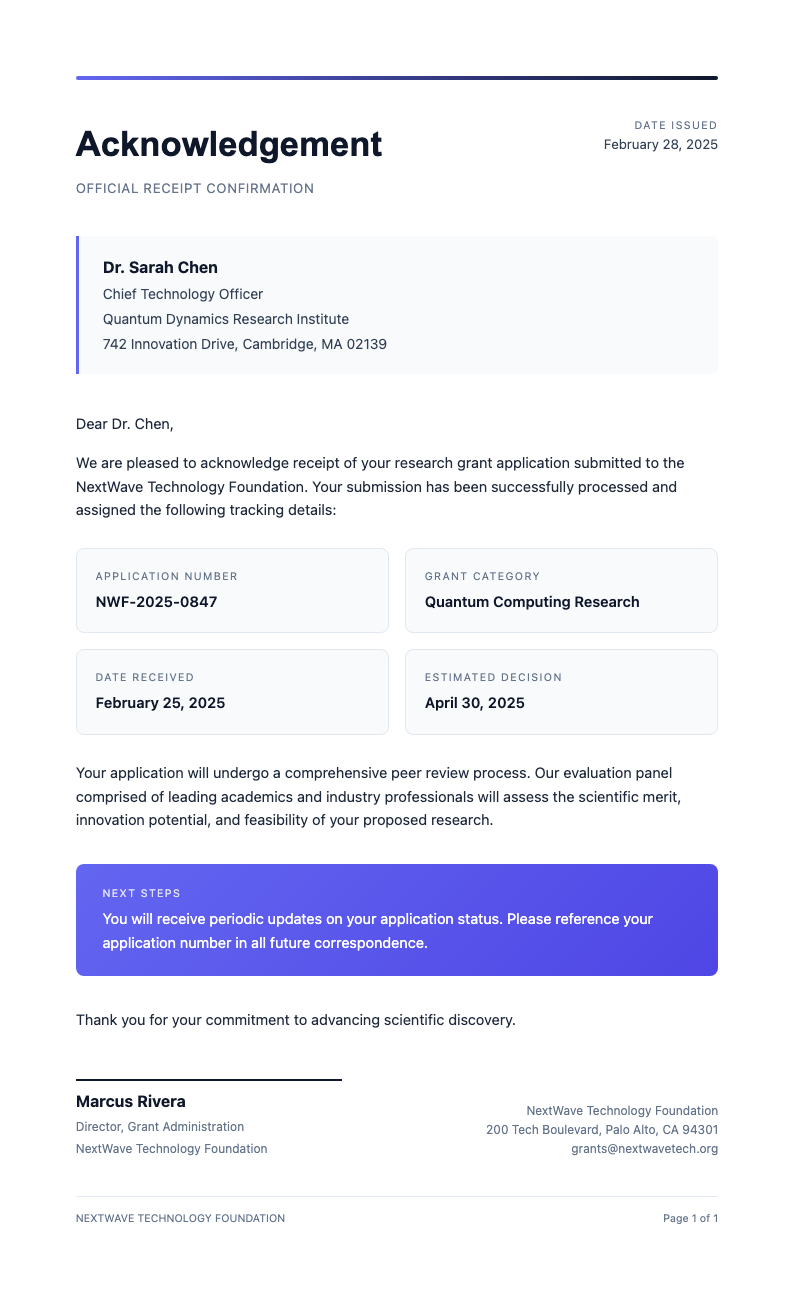 Bold contemporary acknowledgement letter